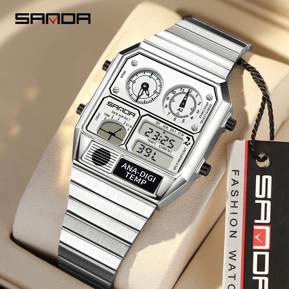 SANDA Electronic Watch Men Square Steel Band Digital Wristwatch Temperature Measurement Stopwatch Timing Multifunctional Watch