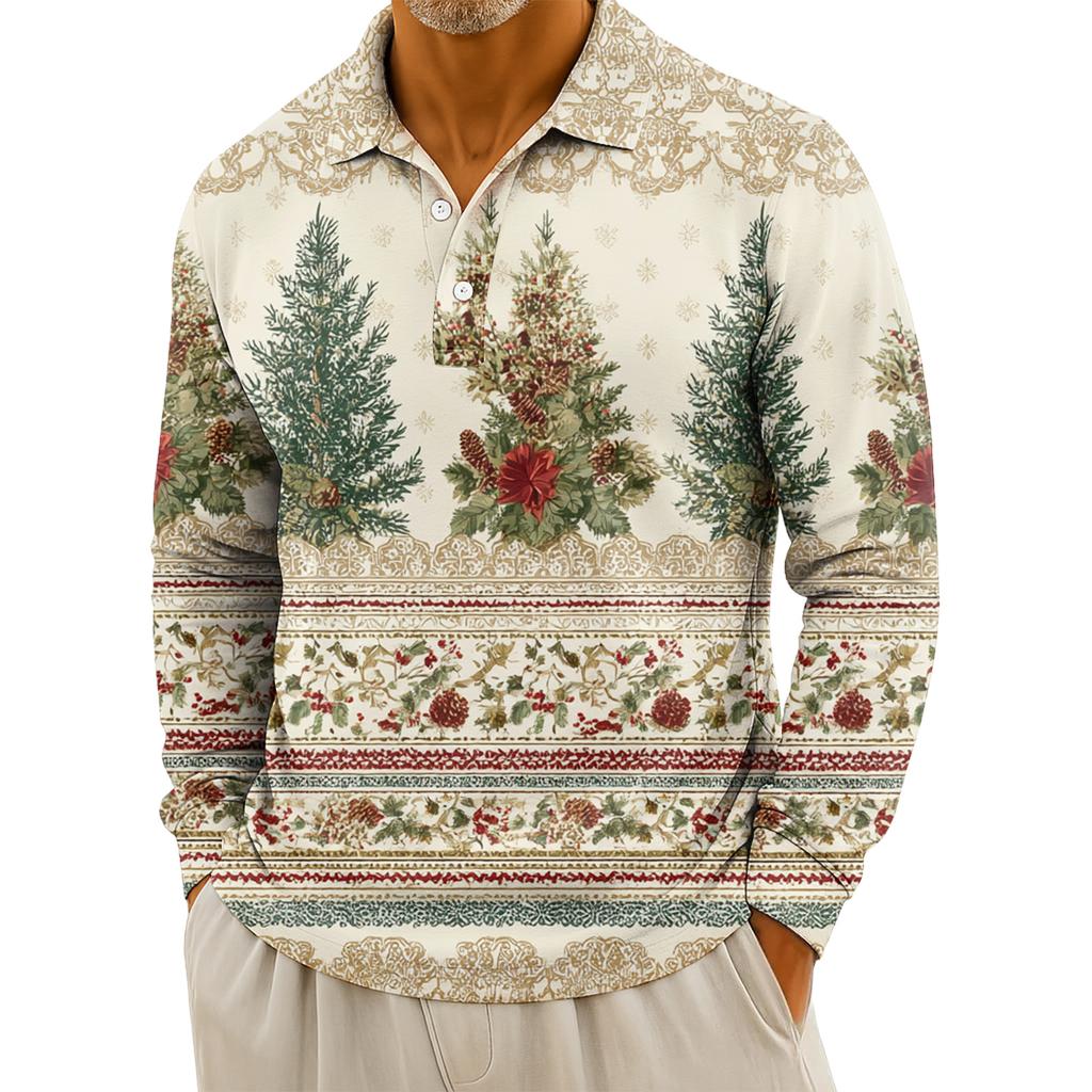 Pánská ležérní košile s dlouhým rukávem a vánočním potiskem na knoflíky