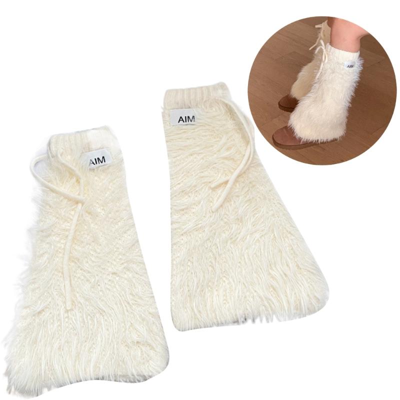 Womens Y2K Girls Winter Furry Leg Warmer wtih Drawstring Harajuku Letter Label Furry Plush Flared Boot Cover Long Socks