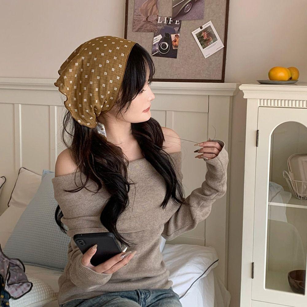 Cotton Pastoral Style Headscarf Turban Triangular Hair Band Sweet Lattice Headscarf  Summer