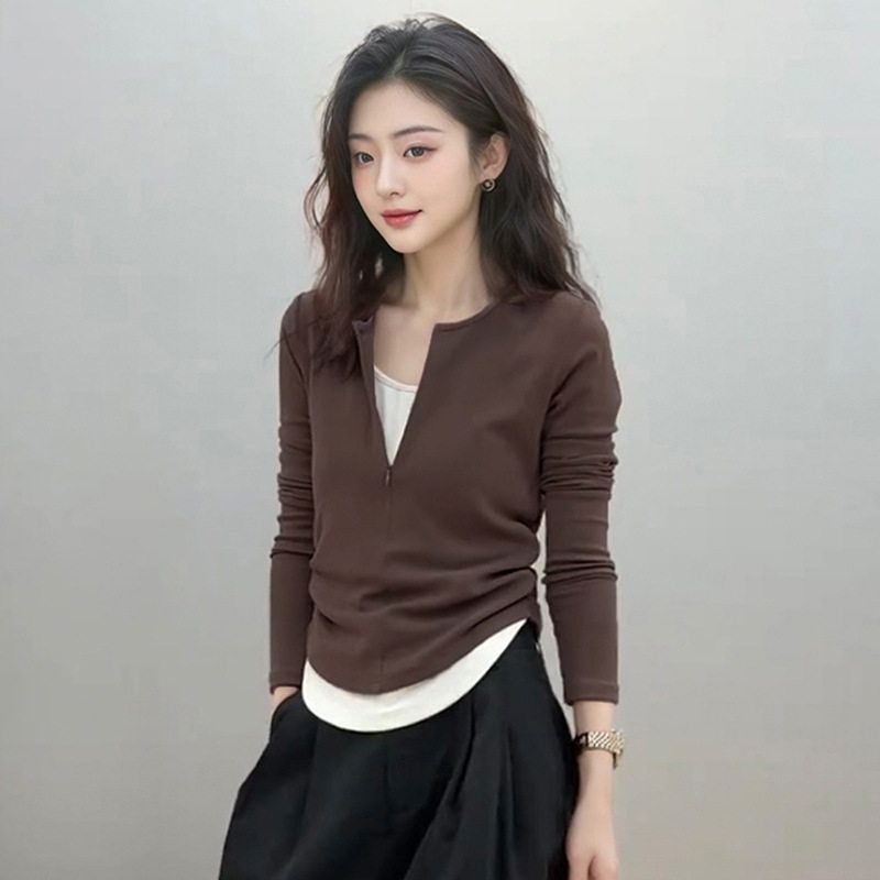 2025 Autumn and Winter New Style Zipper Fake Two-Piece Long-Sleeved T-Shirt for Women with Niche Design and Casual Outerwear Top