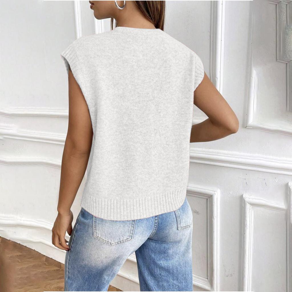 Women's Loose Knitted Vest V-Neck Solid Color Sweater