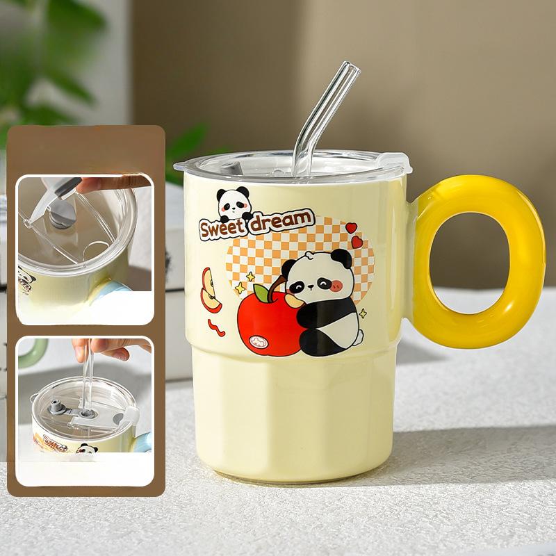 Panda Cute Girl Mug Ceramic with Lid Couple Large Capacity Drinking Water Handle Cup Straw Direct Drinking Dual Purpose