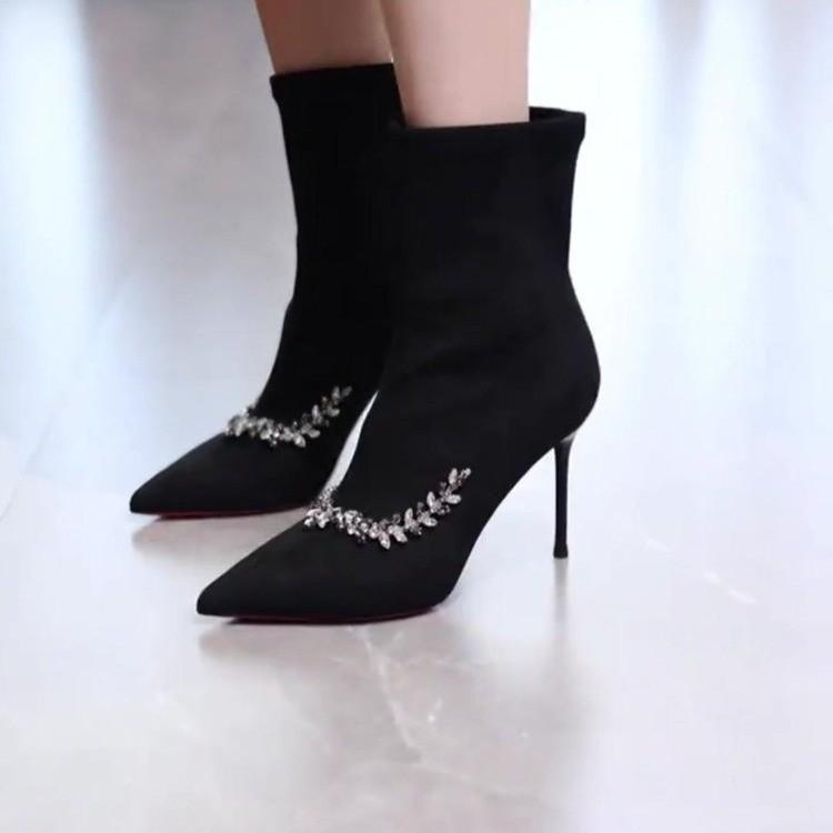 Korean Version of Fashion Boots Women's High Heels Winter New Fashion Elastic Thin Boots Rhinestone Pointed Thin Heel Short Boots