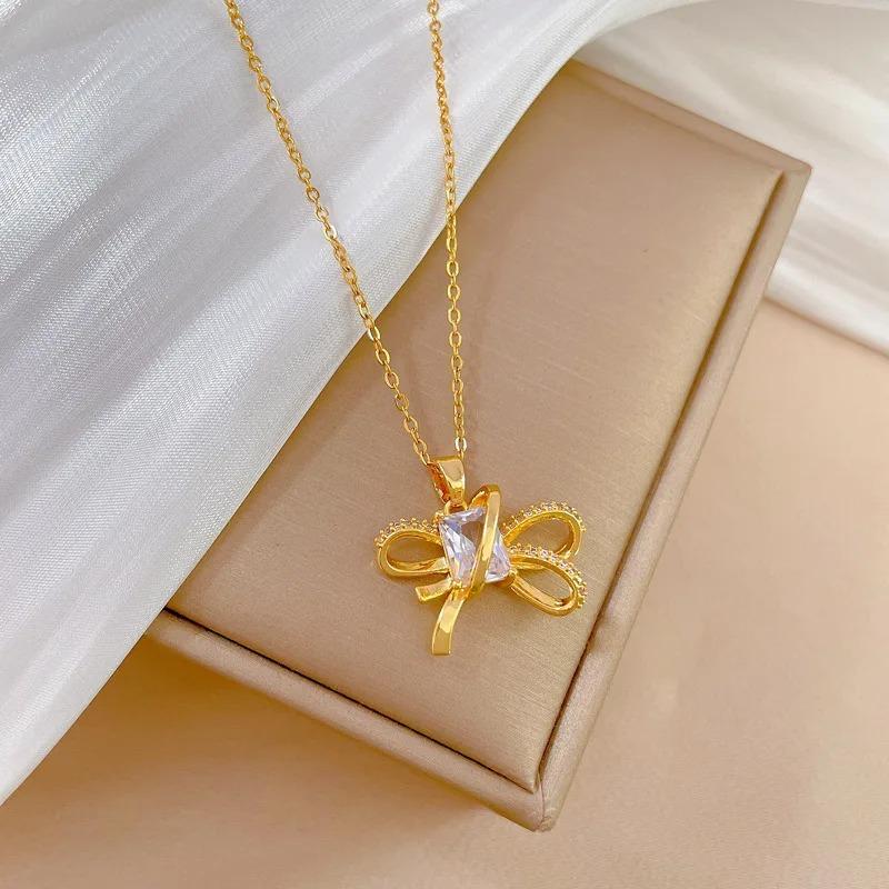 L316 Stainless Steel Beads Chain Hollow Bowknot Pendant Necklace for Women Niche Simple Jewery Accessory
