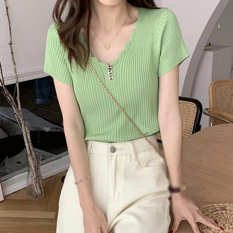 

Женская однотонная повседневная тонкая трикотажная футболка с короткими рукавами и V-образным вырезом, топы One Size