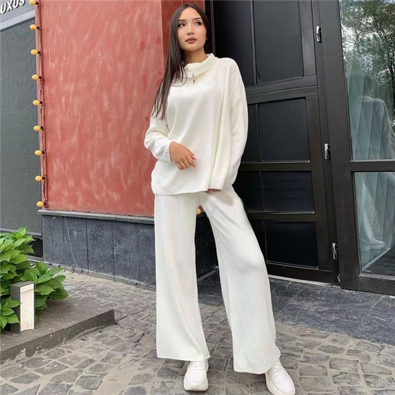 

Women Casual Knitting Suit European and American Women Fashion Polo Collar Loose Casual Knit two piece White Tops FQM03 L