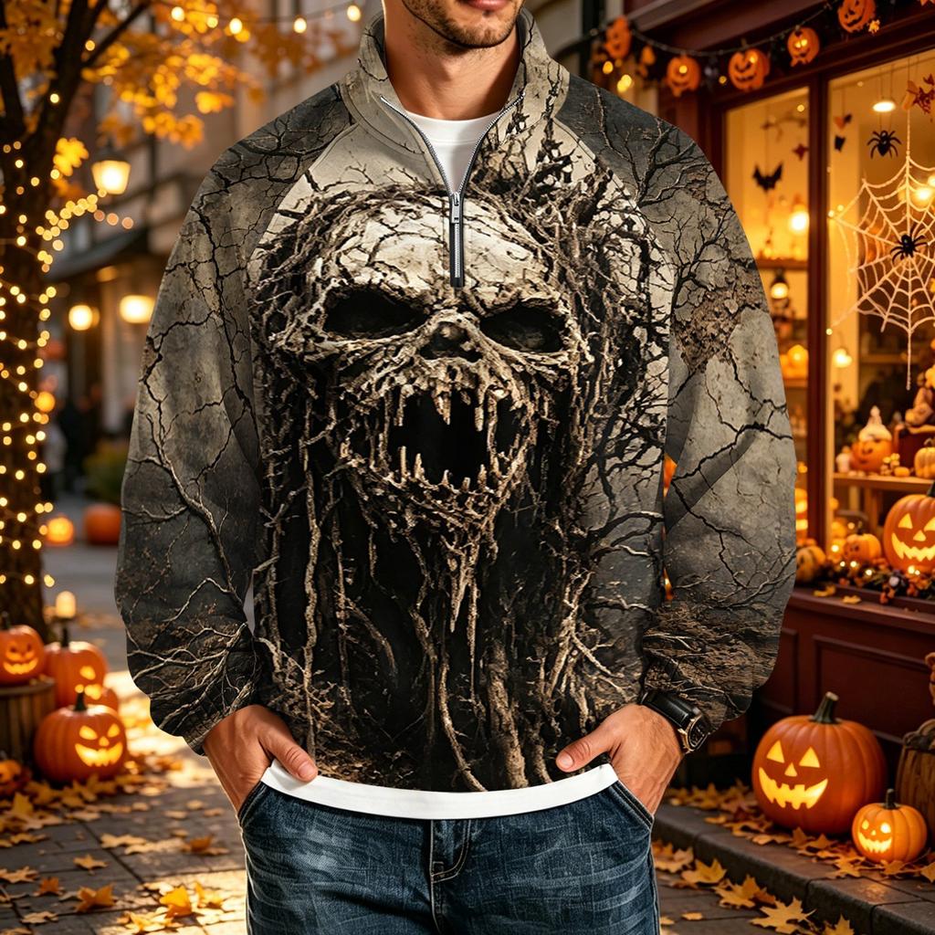 Men's Loose Fit Raglan Sleeve Sweatshirt with Stand Collar and Halloween Print for Parties and Daily Wear