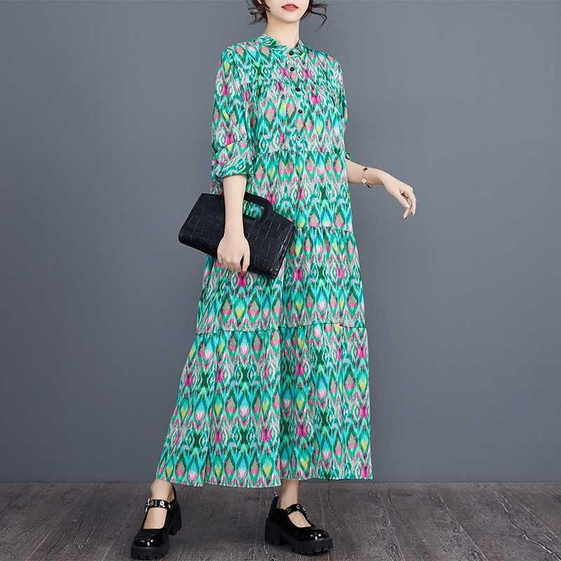 Women's Spring Floral Tiered Dress Plus Size Boho Chic Maxi with Contrast Panels Flowy Layered Skirt
