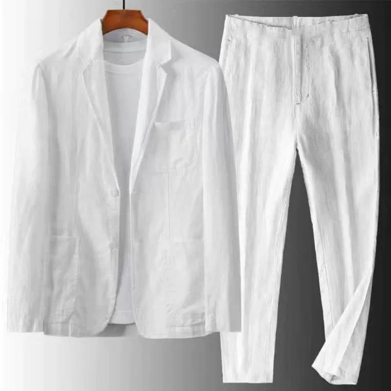 

Мужские куртки и брюки Мужской льняной костюм-двойка Весна и лето Тонкий модный повседневный костюм Костюм мужской Весна и лето Тонкий срез XL белый