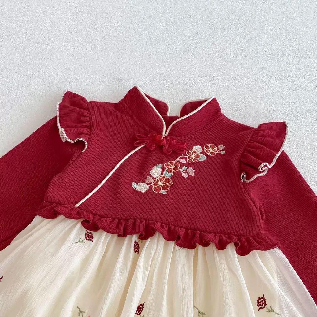 Tuta Pagliaccetto Principessa Bambina Stile Cinese - Outfit Primavera & Autunno per 100 Giorni a Un Anno