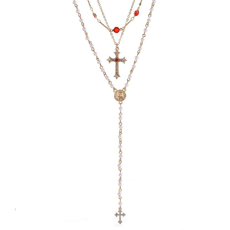 Imitation pearl cross necklace stacked accessories women's niche high-end tassel diamond necklace