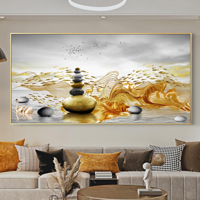Chinese Feng Shui Golden Rich Tree Canvas Painting Wall Art Deer Landscape Lucky Stone Posters Wall Art for Living Room Decor