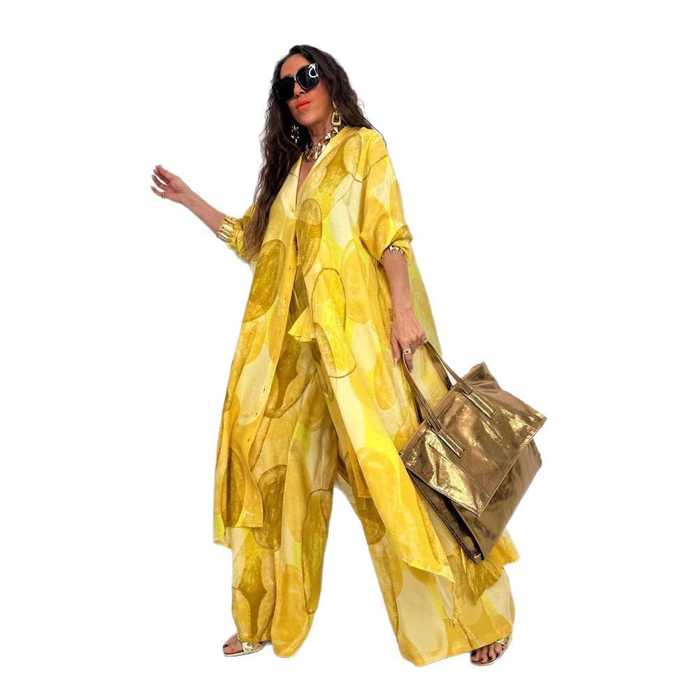 Autumn New Women's Lapel Printed Mid-length Top and Wide-leg Pants Two-piece Set