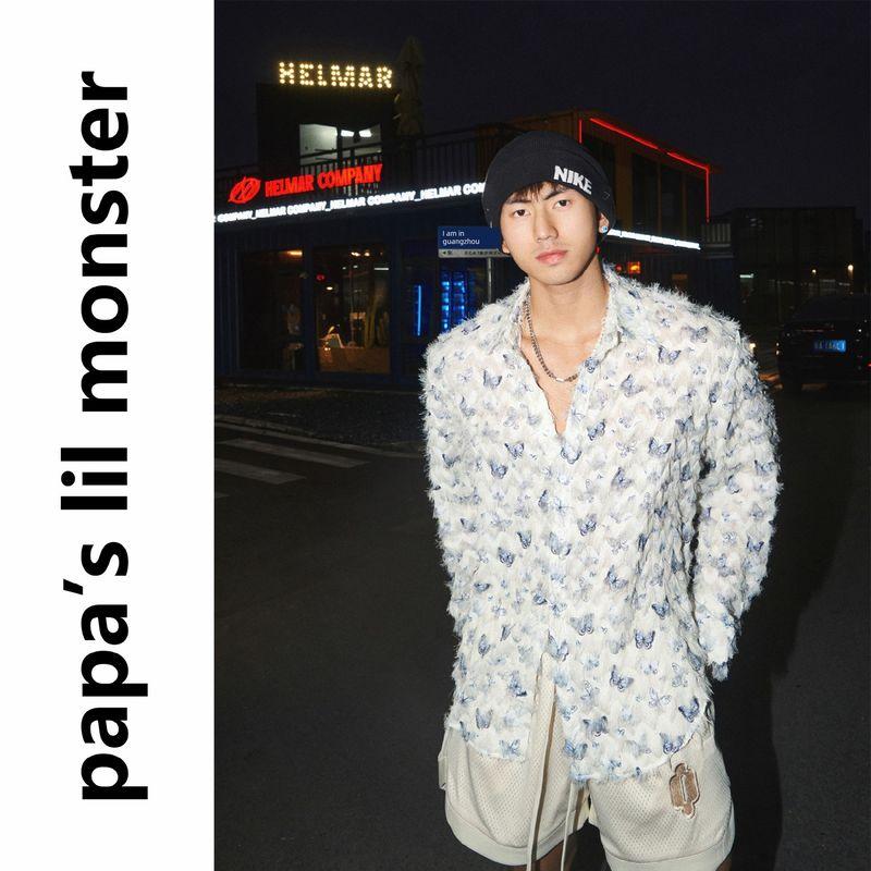 

Lil Monster American Style Print Butterfly Loose Long Sleeves Shirt Original Design Three-Dimensional Tassel Shirt for Men Blue Butterfly L