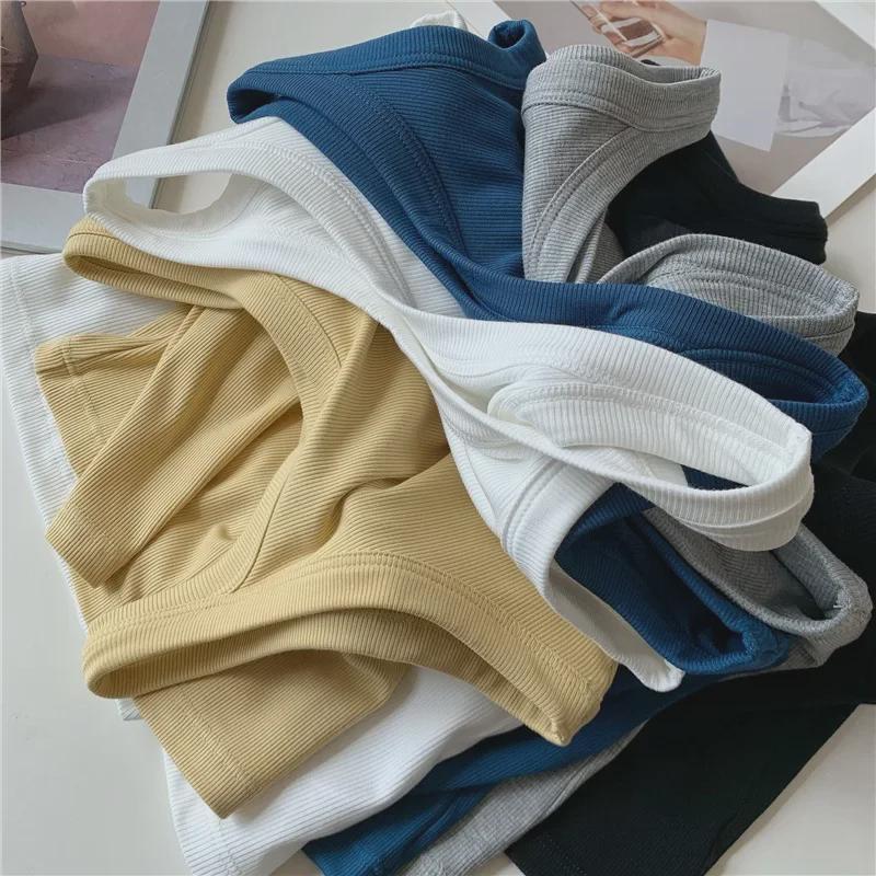 Women's Korean Threaded Camisole with Built-in Chest Pads - Solid Color Summer Top