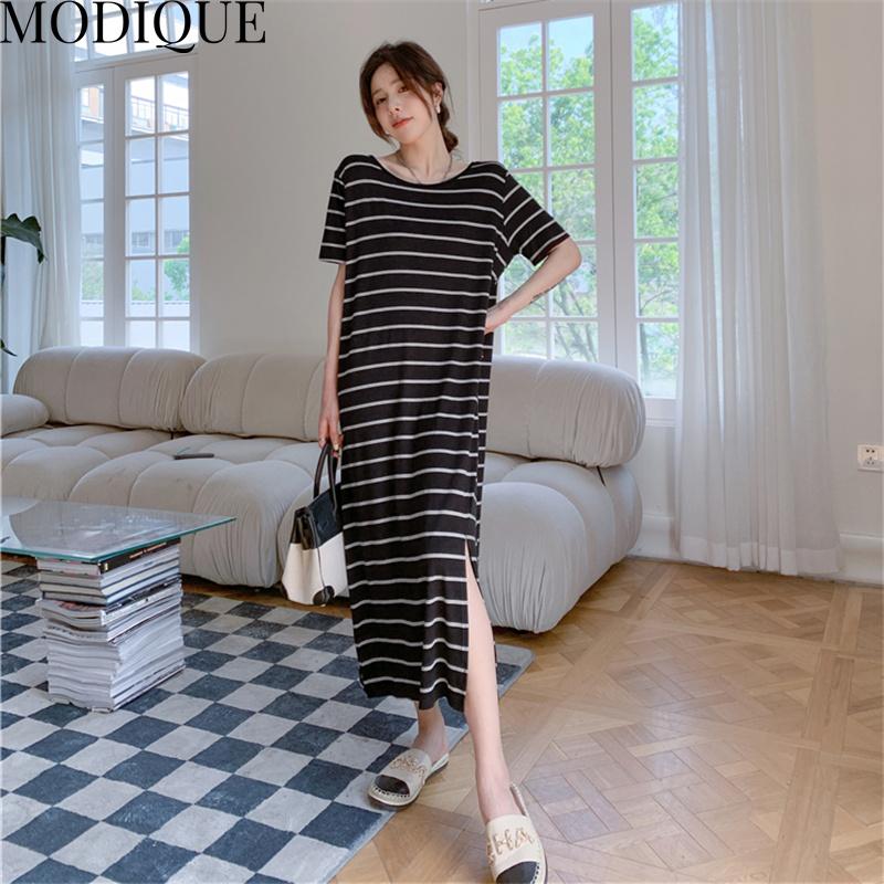MODIQUE Summer Plus Size New Dress Shirt Women Loose Striped Solid Cotton Linen Backless Dress Casual Female Dresses O-Neck Short Sleeve
