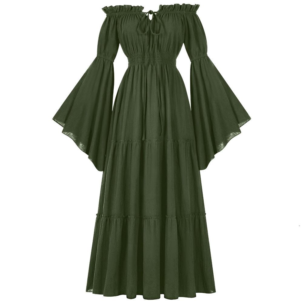 Bare Boat Neck Shoulder Ruffled Long Sleeves Renaissance Maxi Dress Cosplay Set
