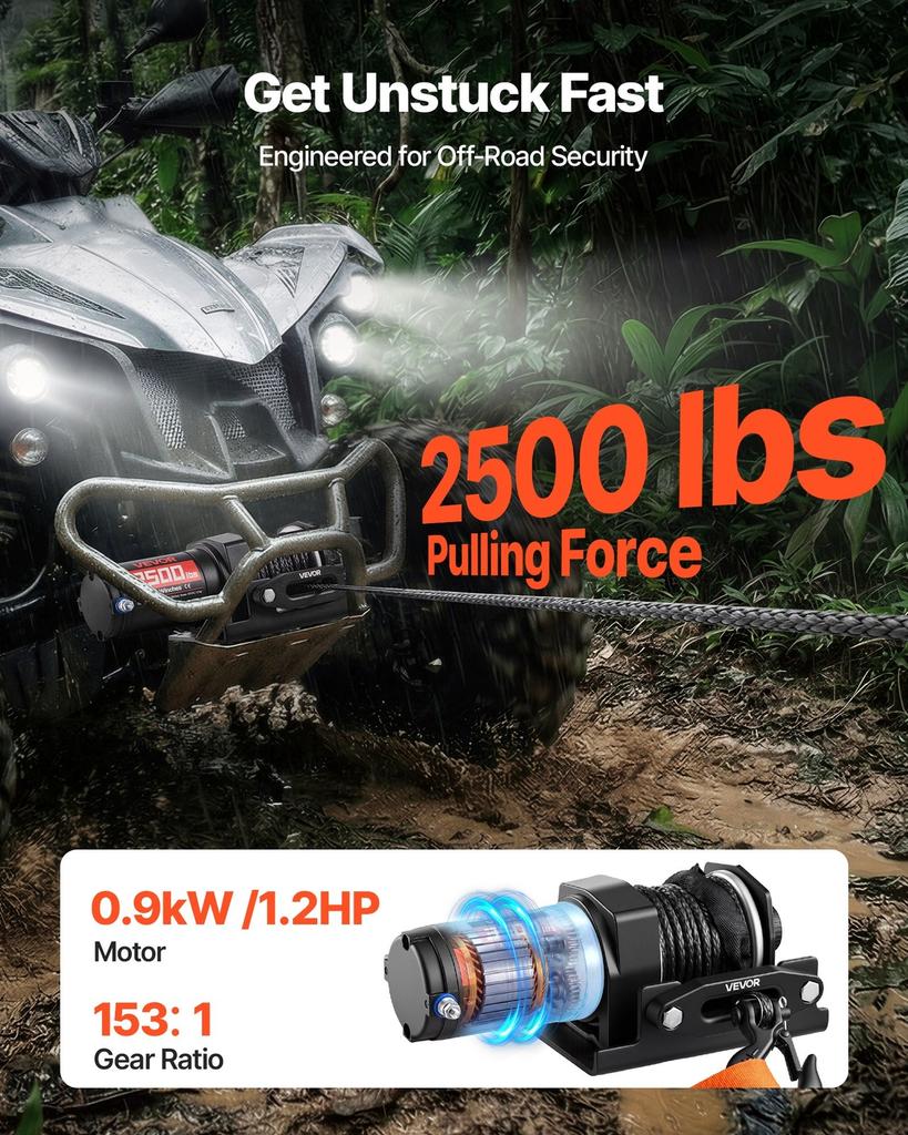 Wciągarka elektryczna 1134 kg, Wciągarka 12V DC do ATV/UTV z liną syntetyczną 4,8 mm x 12 m i przewodowym pilotem zdalnego sterowania, Wodoodporność IP55, Rolka prowadząca z aluminiową obudową