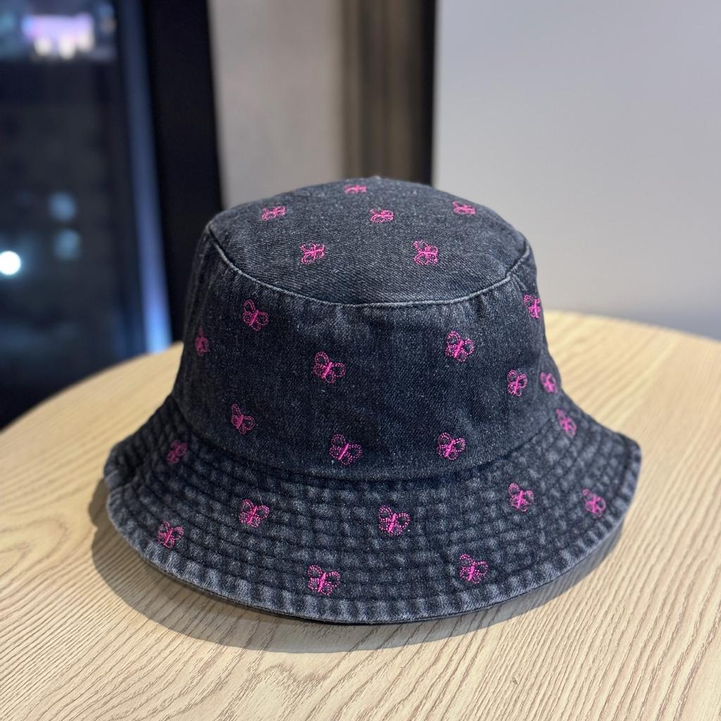 Spring and Summer New Butterfly Embroidered Denim Bucket Hat Women Show Small Face Fashion Casual Basin Hat Sunscreen Sun Hat Tide