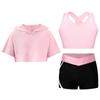 Kid Girls 3 Pieces Dance Outfit Gymnastics Hooded Crop Top Sleeveless Camisole and Shorts Set Tracksuit