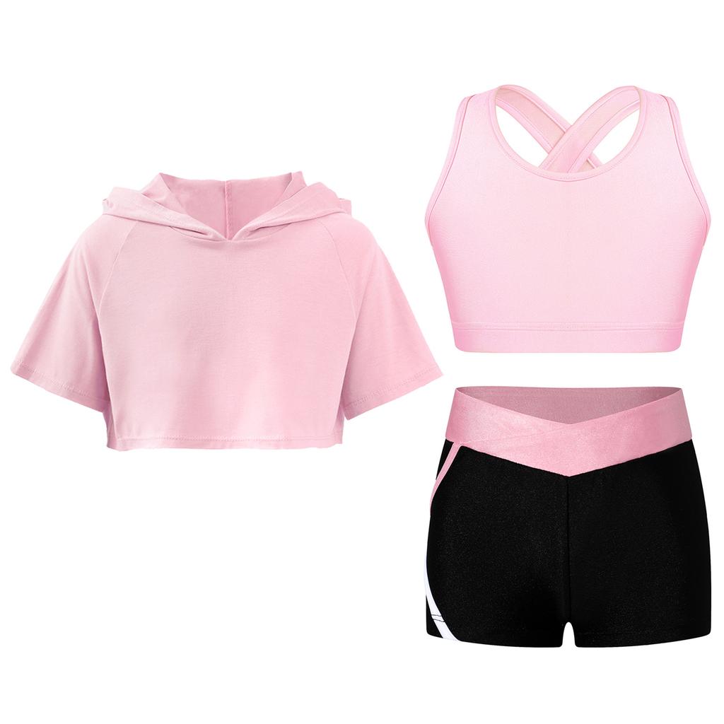 Kid Girls 3 Pieces Dance Outfit Gymnastics Hooded Crop Top Sleeveless Camisole and Shorts Set Tracksuit