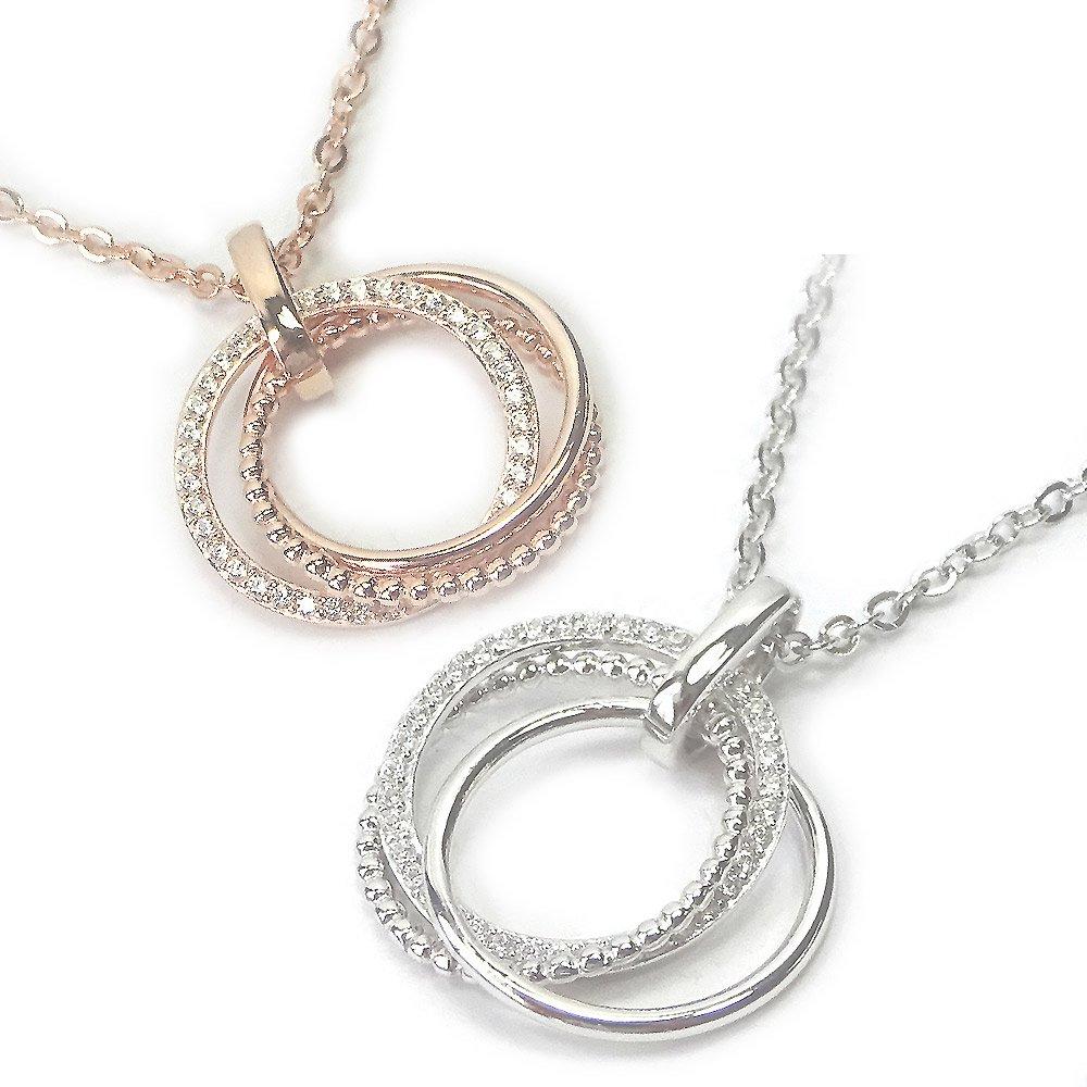 

[Your and My Jewelry Box] WG-type Sterling Silver 925 Circle Motif Cubic Zirconia Diamond Triple Strand Necklace [Gift Wrapped] (Silver)