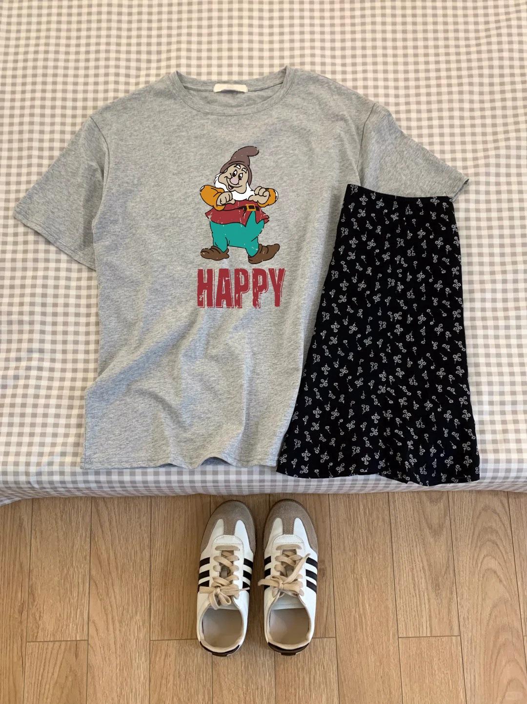 Fun cartoon printed T-shirt women s Korean version college style pure cotton top summer ins style loose and thin shoulder short sleeves S