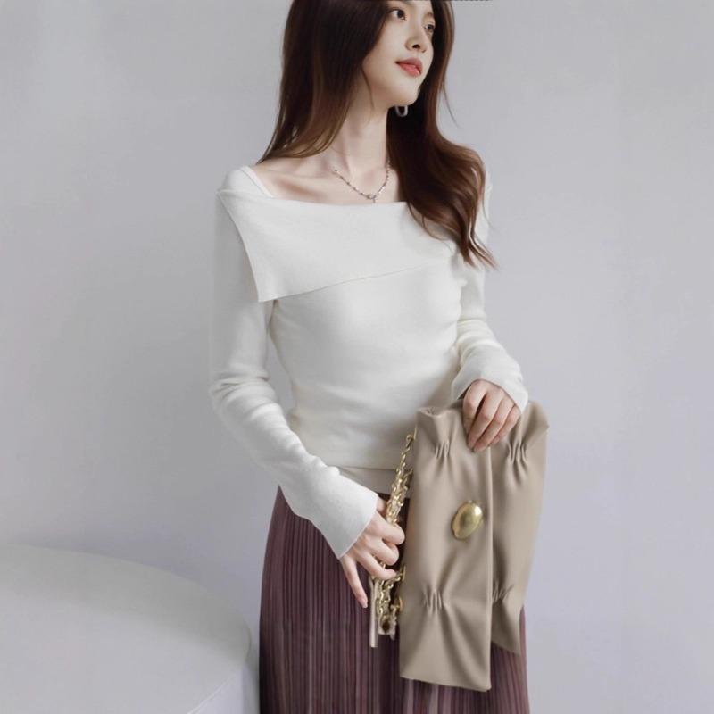 Irregular one-word shoulder sweater women's spring slim-fit babes top chic knitted bottoming shirt
