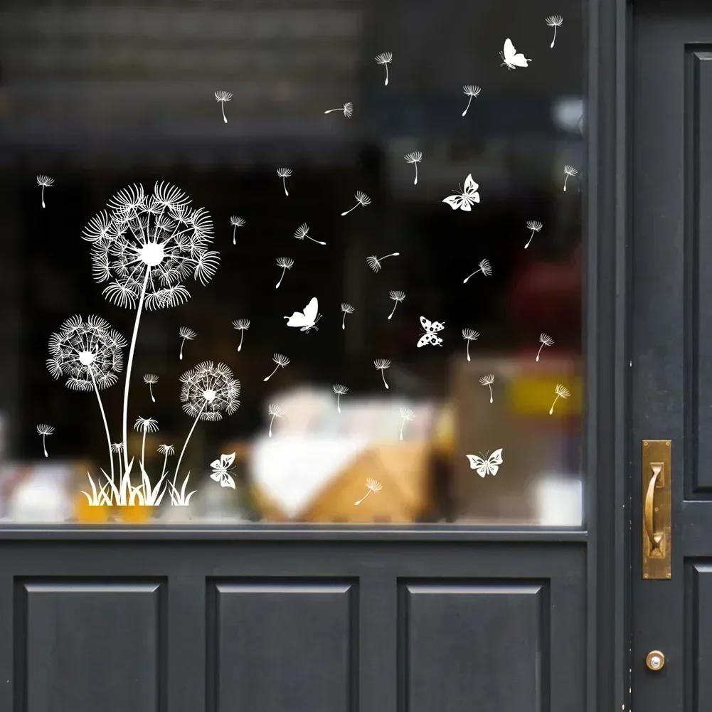 Christmas Home Decor Wallpaper White Dandelion Butterfly Electrostatic Wall Sticker Glass Window Double Sided Pattern Decals