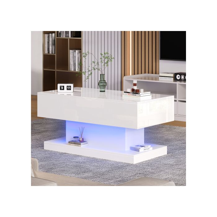 Table Basse LED - MUVOE - 100x50x45 Cm - Levage Hydraulique - Rangement Intégré - Finition Brillante