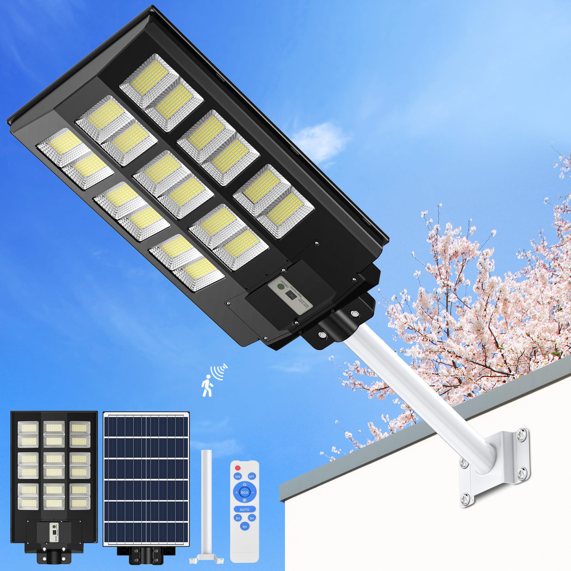 

Солнечный уличный уличный светодиодный уличный светильник IP66 8000 High 864 Wide Angle Solar Energy Environmental Human 3 Lighting Remote Parking Input 1 шт. с чёрный