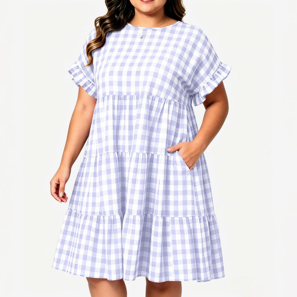 Robe à Carreaux Manches Courtes Col Rond Grande Taille pour le Travail Décontracté et les Trajets