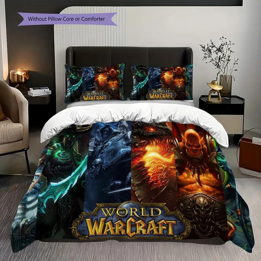 Fantasy Warriors Unite Azeroth Three-piece set (1 * duvet cover + 2 * pillowcase, without core) 2D Flat Christmas birthday gift Soft and comfortable