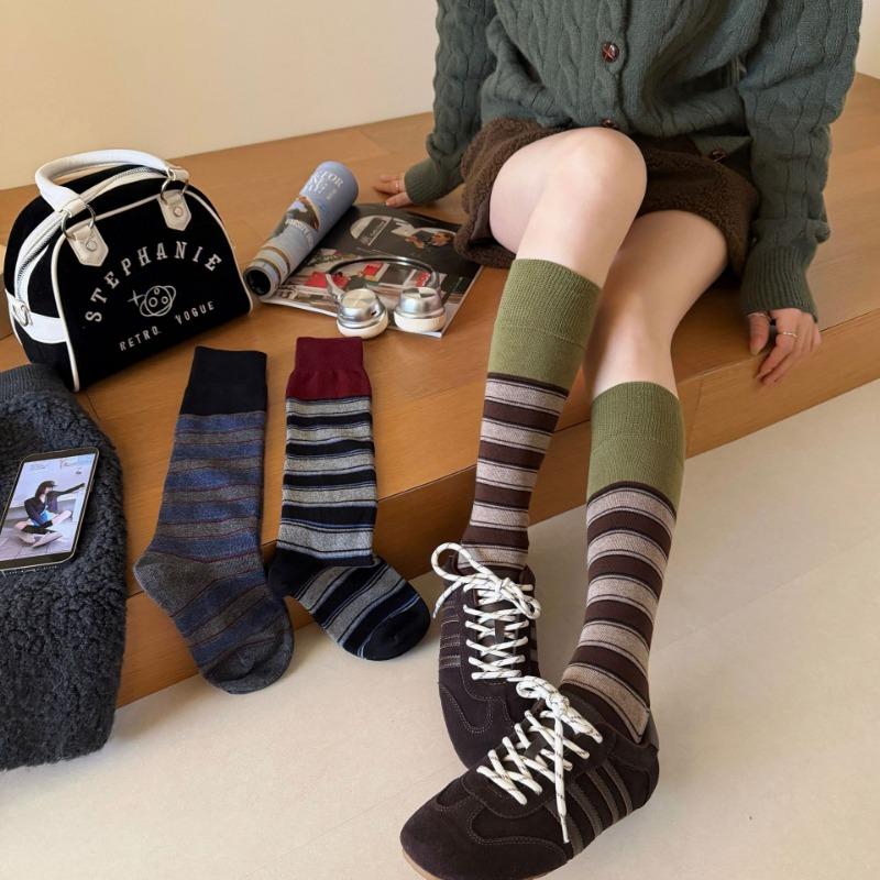 Color-block socks for women, autumn/winter vintage color-blocked striped calf socks, INS trendy Melard long leg cuff socks