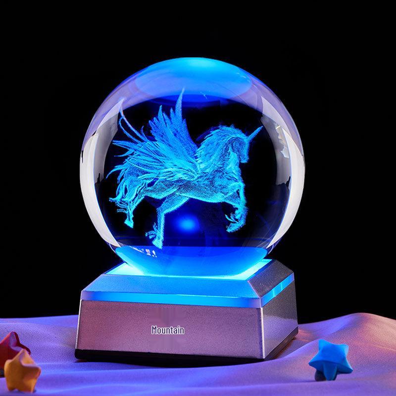 Unicorn Wing 3D Crystal Ball Night Light with Rotating Colorful LED Bluetooth Base