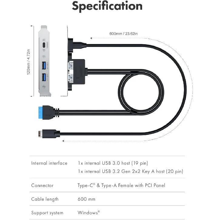 20Gbps USB3.2 Gen2x2 Frontpanel-Adapter, USB-C und USB zu USB3.2 Type-E Key-A 20Pin und 19Pin USB-Anschlüssen mit PCIe-Halterung