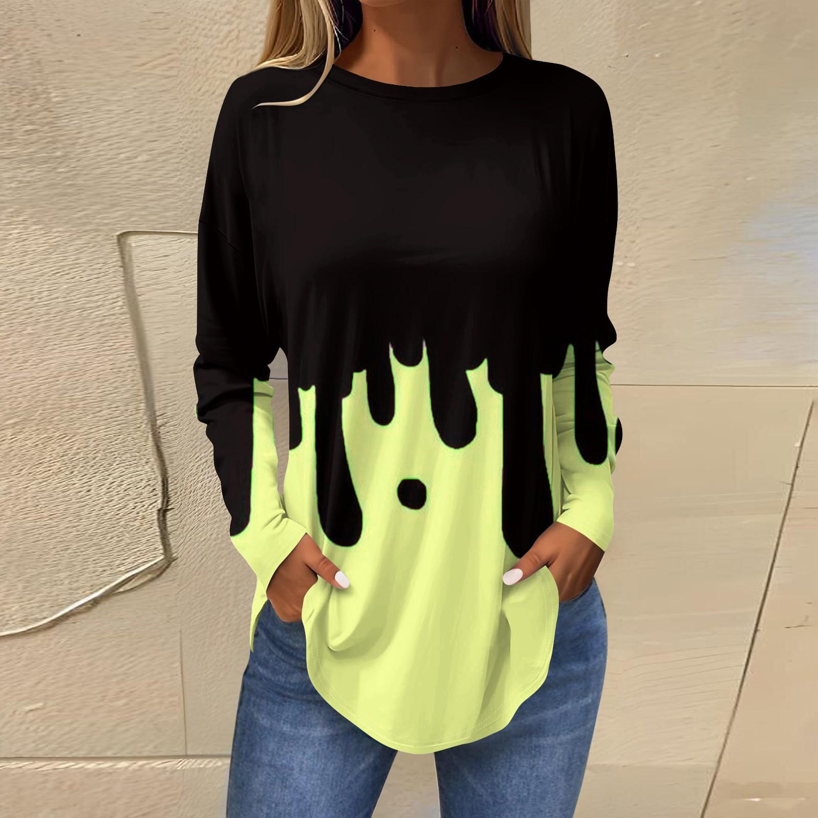 

Футболки для женщин, осенние повседневные рубашки с длинными рукавами, толстовка, винтажный топ с графическим принтом, пуловер на Хэллоуин S чёрный