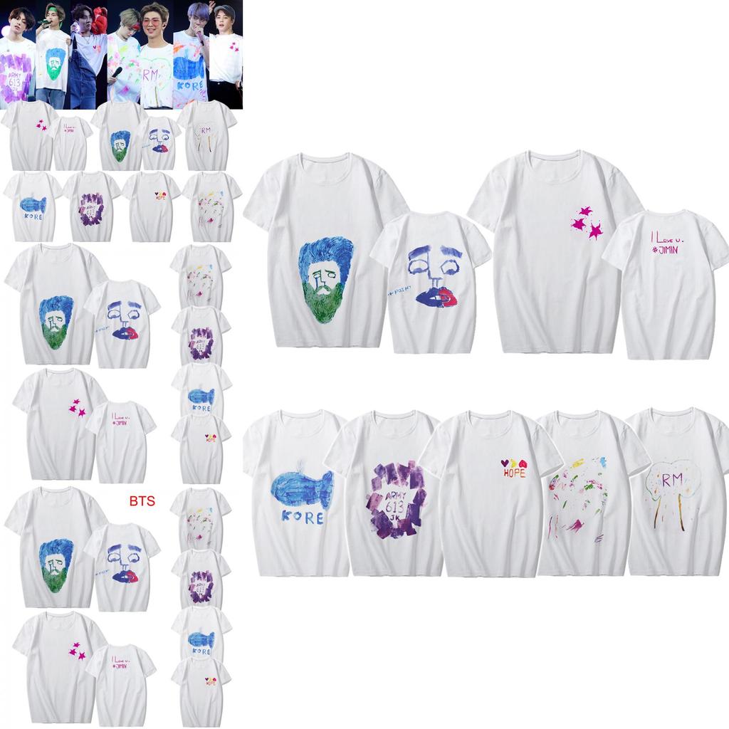 Kpop Graffiti BTS Baumwoll-T-Shirt Suga Jimin V Grafik-Shirt Unisex Paar-T-Shirt Größe
