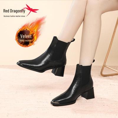 Red Dragonfly Women's British Style Winter Chelsea Boots with Chunky Heel and Plus Velvet Warmth for Height Increase.