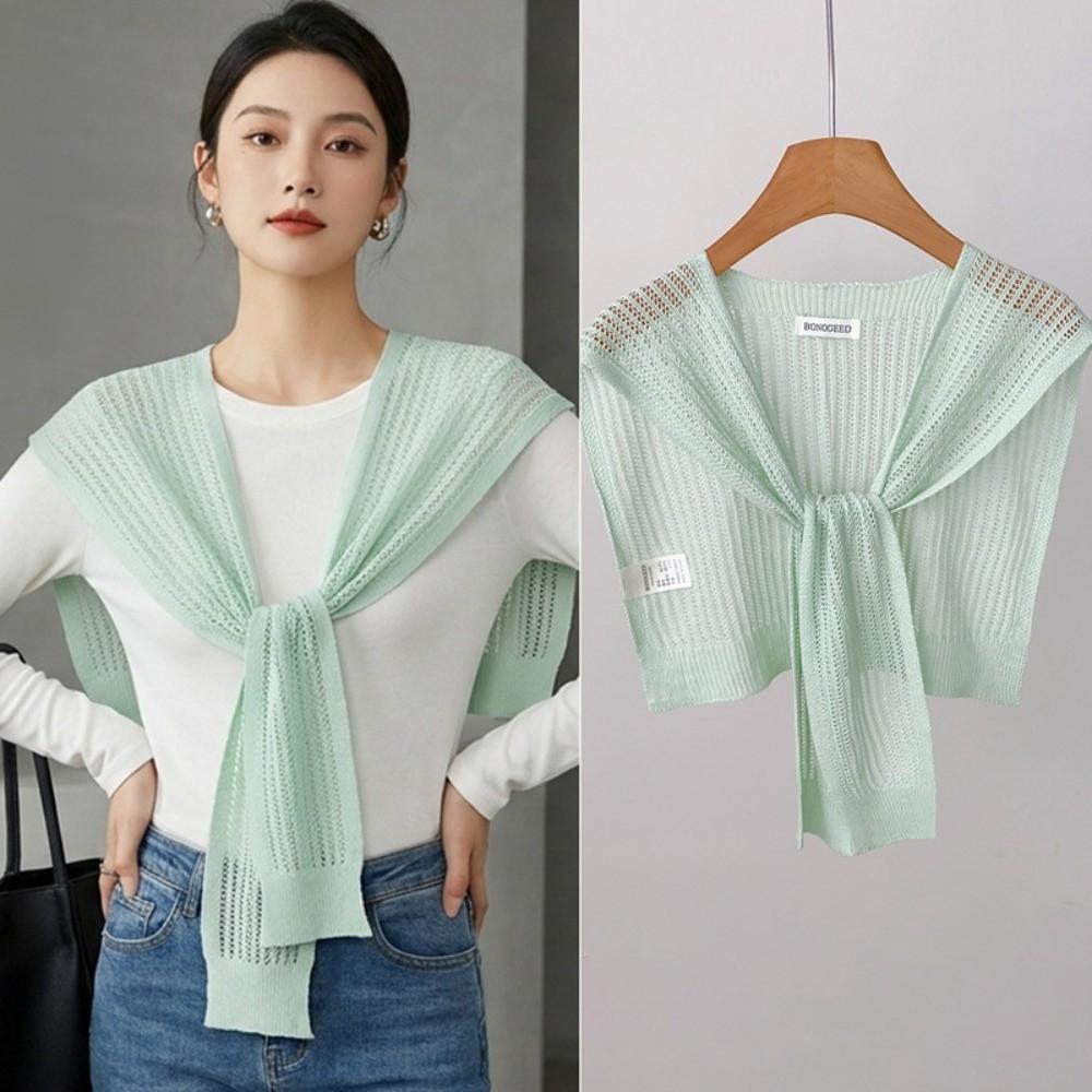 Summer Knitted Shawl Solid Color Neck Guard Scarf Fashion Thin Knotted Cape  for Women