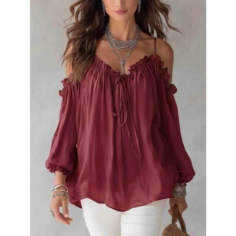 Women S Long Sleeve Blouse Ruffled Collar Loose Fit Solid Color Bohemian Style Casual Top