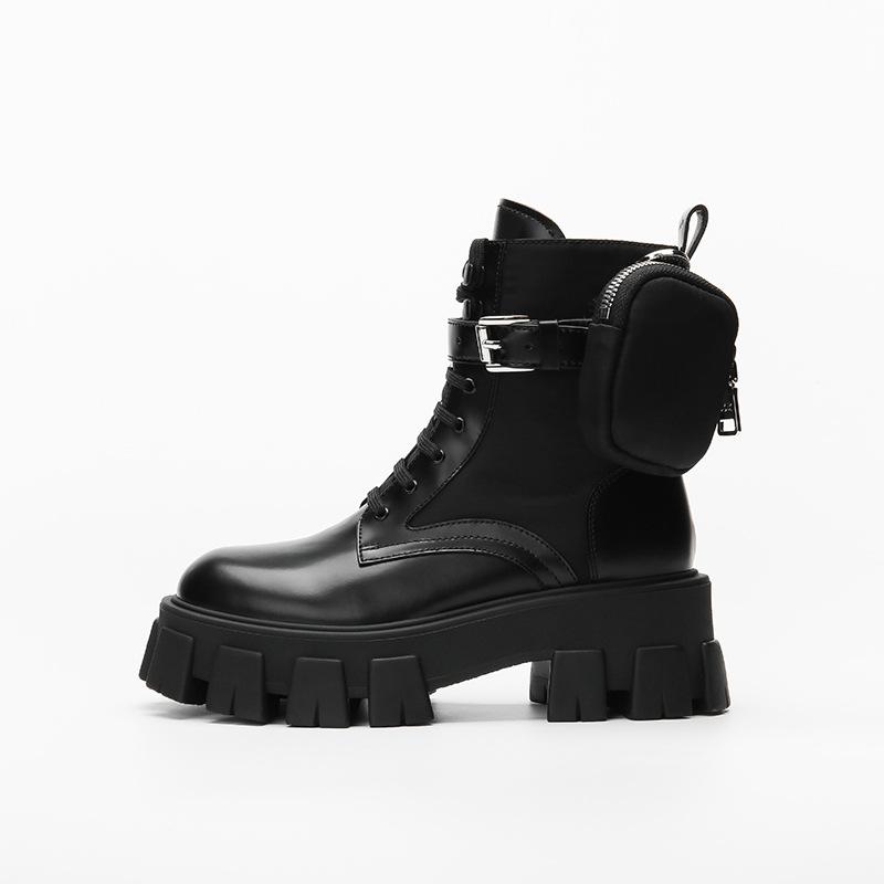 Damen Schwarze Punk Knöchel Dicksohlige Motorradstiefel Mode Schnürung Frühling Dicke Ferse Gürtelschnalle Tasche Designer Klobige Schuhe
