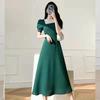Women's Elegant Square Neck Black Midi Dress - Short-Sleeved, Waist-Cinched, Hepburn Style