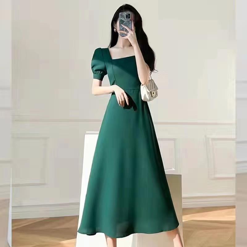 Women's Elegant Square Neck Black Midi Dress - Short-Sleeved, Waist-Cinched, Hepburn Style