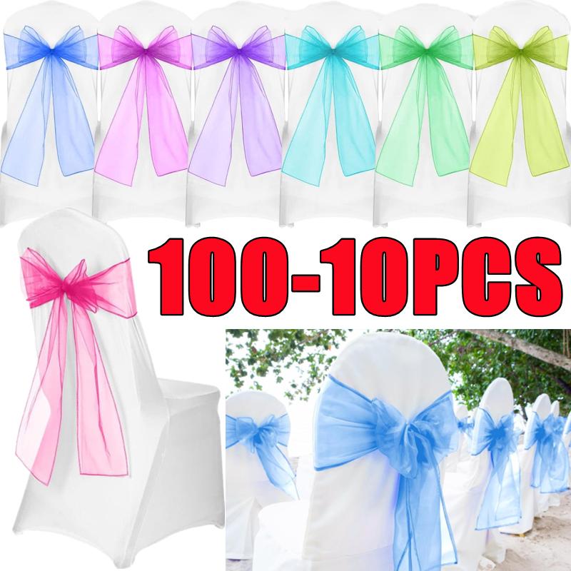 100-10PCS Wedding Chair Decoration Organza Chair Sashes Knot Bands Chair Bows For for Wedding Party Banquet Event Chair Decors