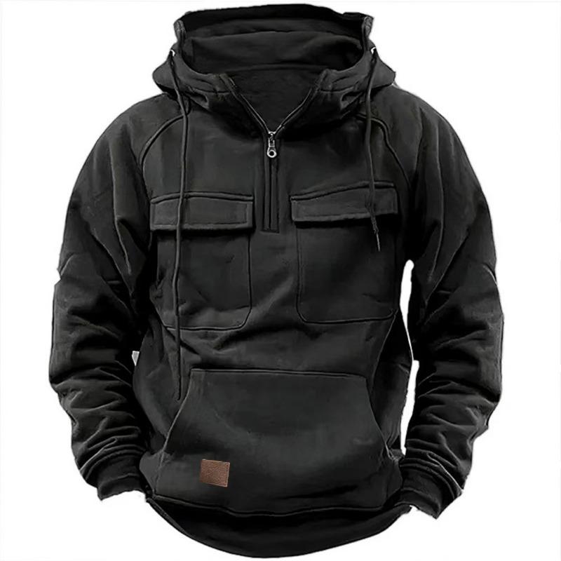 Men Black Washed Half-Zip Hoodie with Chest Pockets and Kangaroo Pocket S чёрный