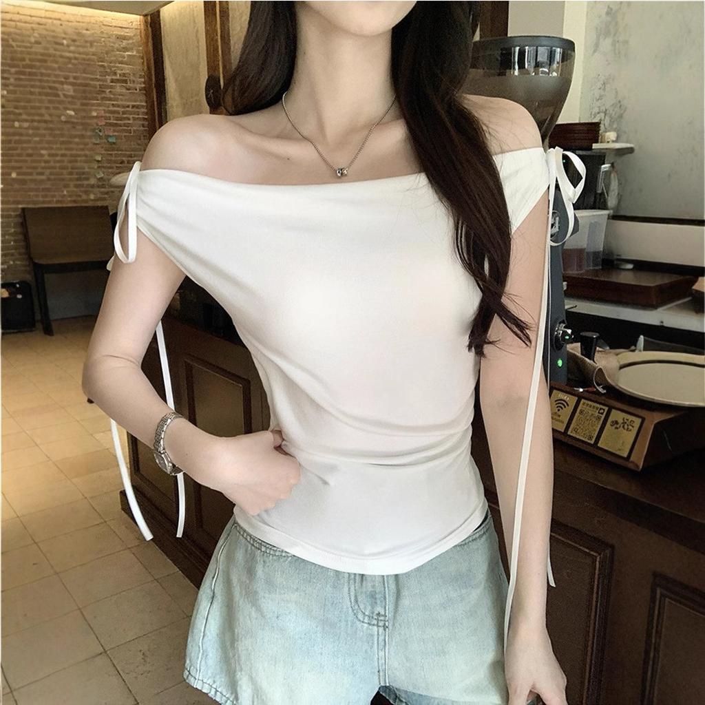 Pure Desire To Lace Up One-word Shoulder Short-sleeved T-shirt Women's New Summer Dress Slim and Thin Temperament Fashion Short Top