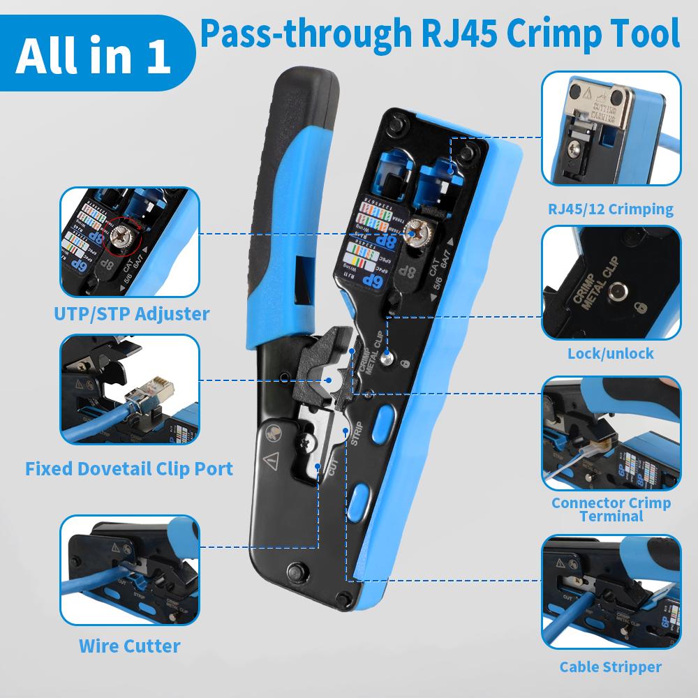 RJ45 Crimp Tool Pass Through Plugs Ethernet Crimping Pliers for Cat7 Cat6 Cat5e RJ45 Connectors Multifunctional Crimper