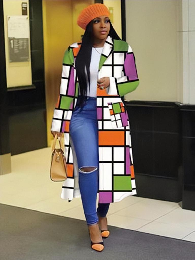 Plus Size Plaid Double-Breasted Lapel Trench Coat for Women - Autumn/Winter Collection